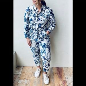 Blue and white floral jumpsuit